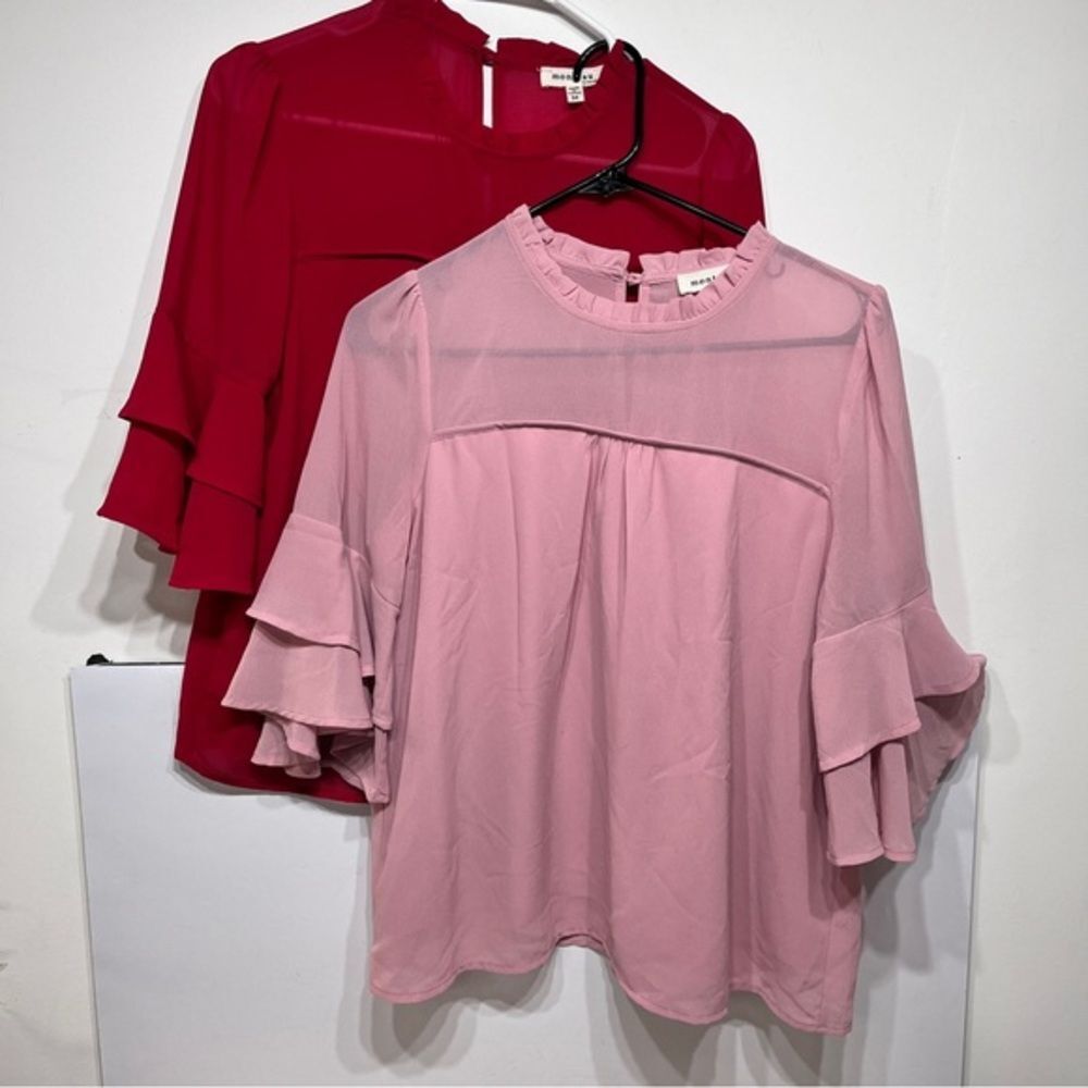 2 Monteau Pink /Red Ruffle Bell Sleeve Blouse Women's Medium